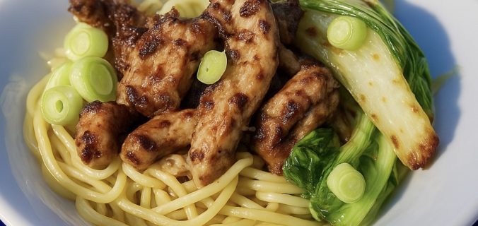 Goudbruine reepjes kippendij met zwartebonensaus
