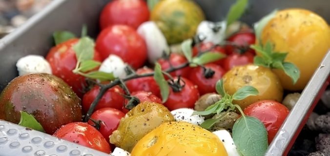 Kleurrijke geroosterde tomaten van de BBQ met mozzarella bolletjes en verse basilicum