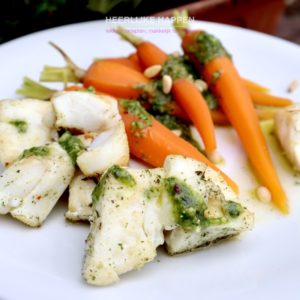 Kabeljauw met wortel en pesto