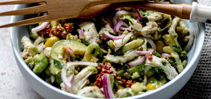 Pulled chicken avocado salad